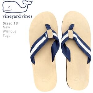 Vineyard Vines Men’s Leather Flip Flops Size 13 Navy Stripe Beach Boat NEW
